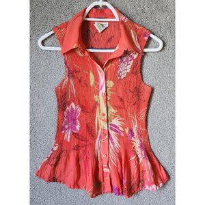 Rene Margo Sleeveless Collared Button Up Crinkle Acordian Blouse Pink Floral L